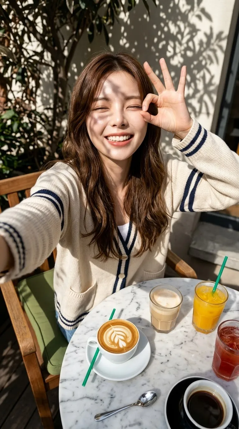 Sunlit Café Terrace Selfie