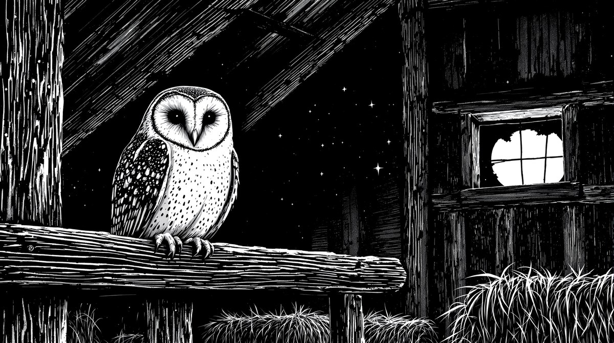 Scratchboard Illustration of a Barn Owl in a Moonlit Barn