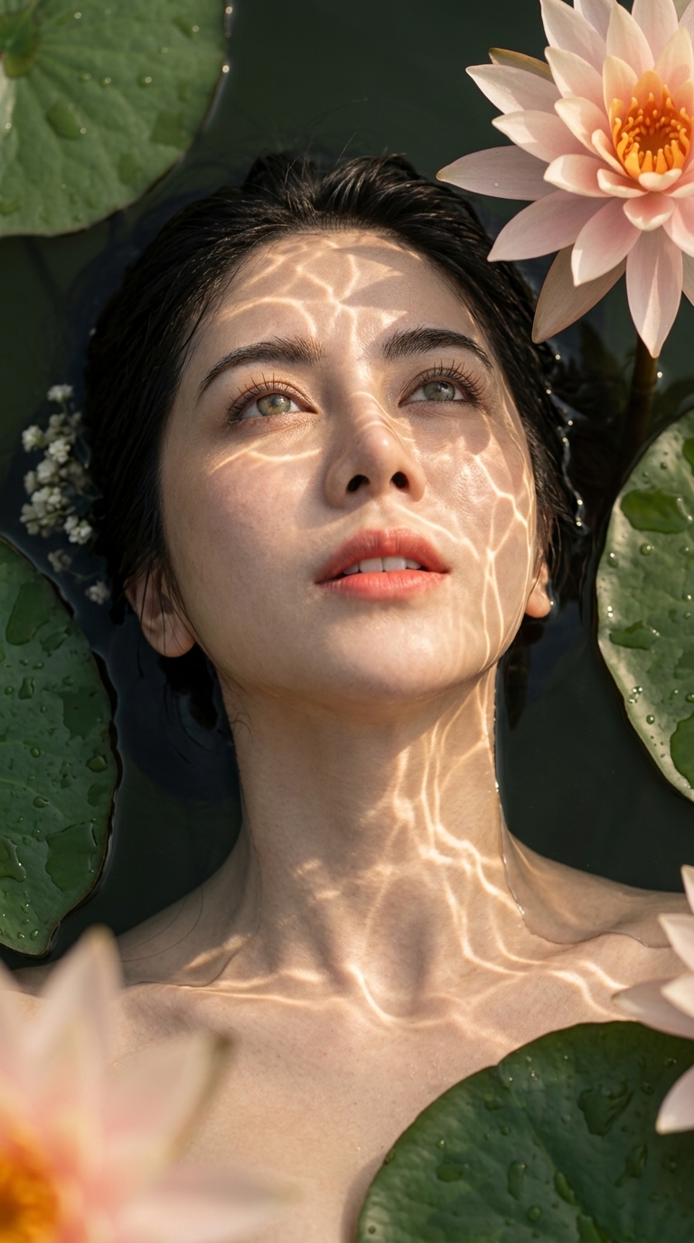 Photorealistic Lotus Pond Portrait with Golden Water Caustics