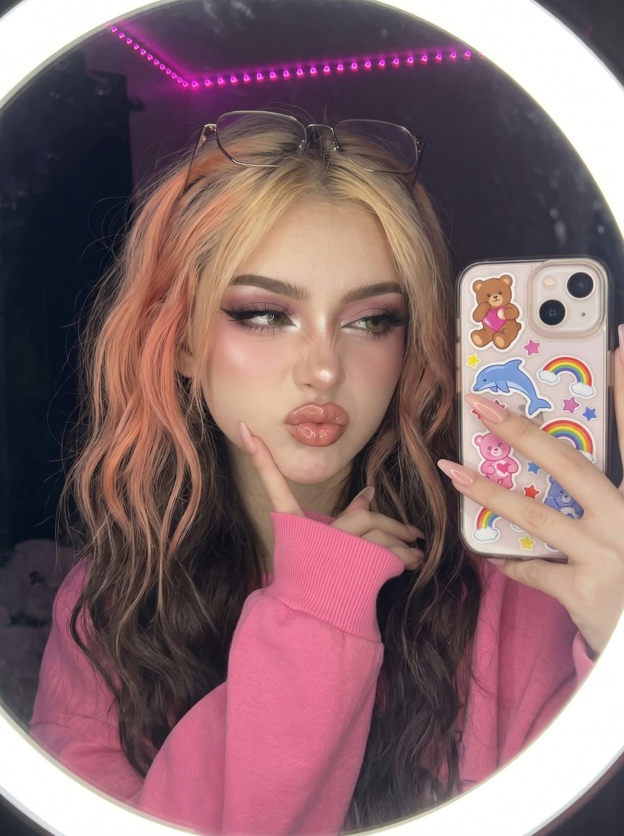 Glam Makeup Mirror Selfie with Preserved Facial Identity output 2