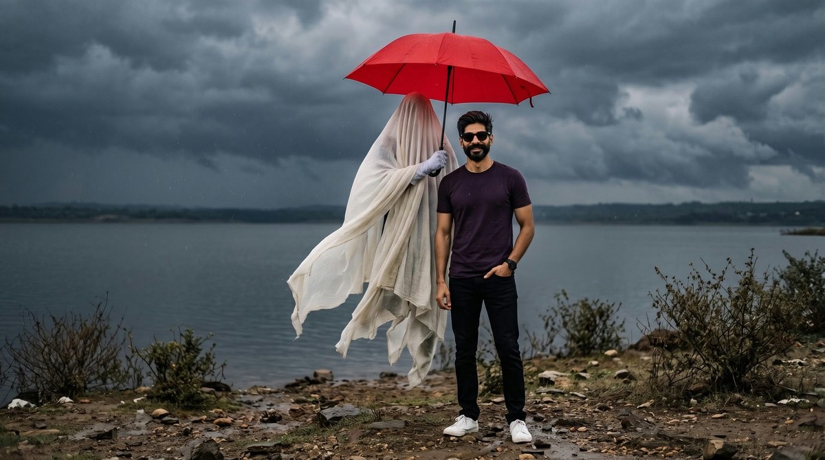 Cinematic Lakeside Portrait with a Ghost and Umbrella