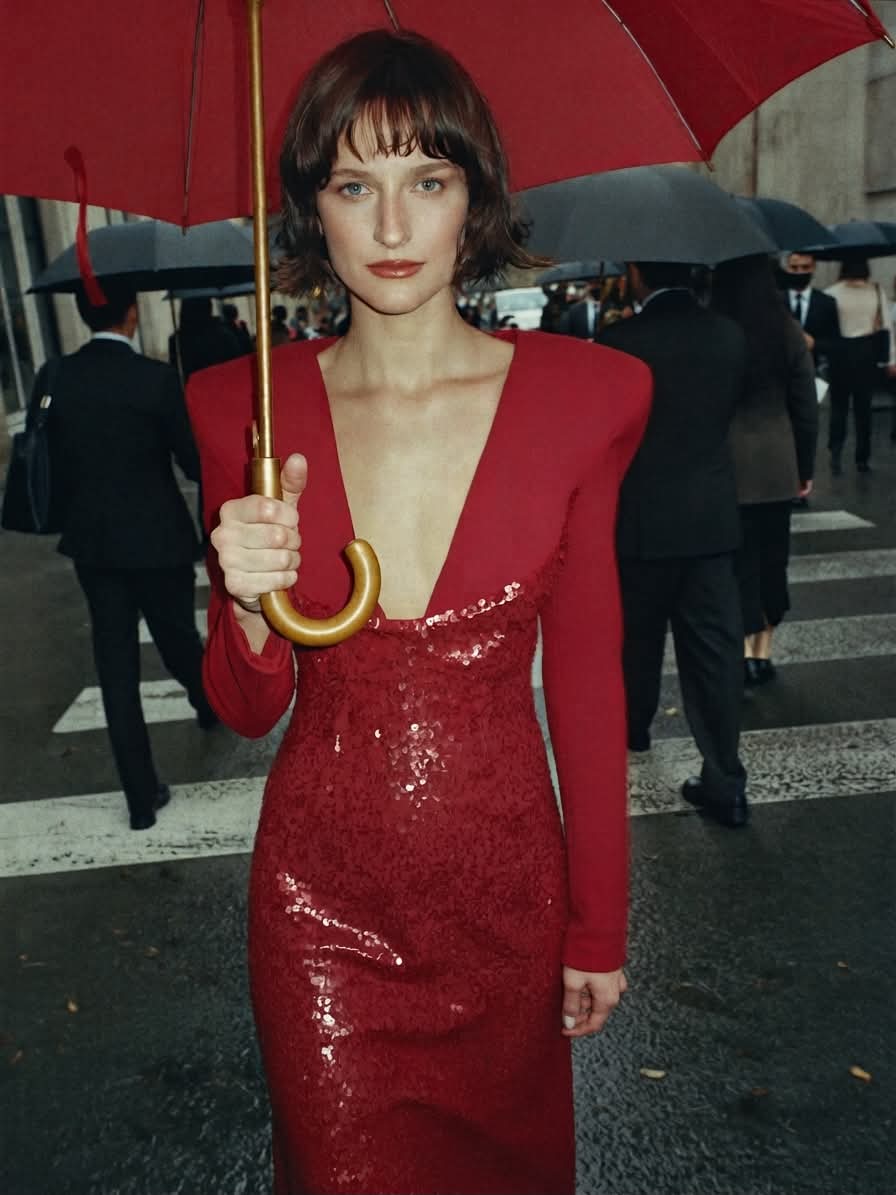 Rainy Street Fashion Portrait with Red Umbrella output 3