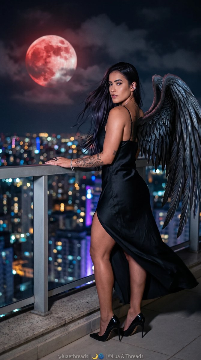 Dark Angel on a Rooftop Beneath a Blood Moon