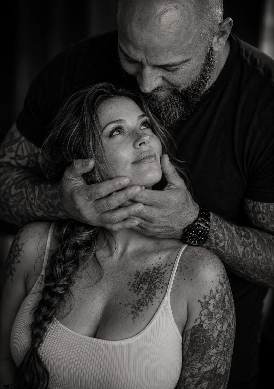 Hands of Gentleness — Black-and-White Couple Portrait