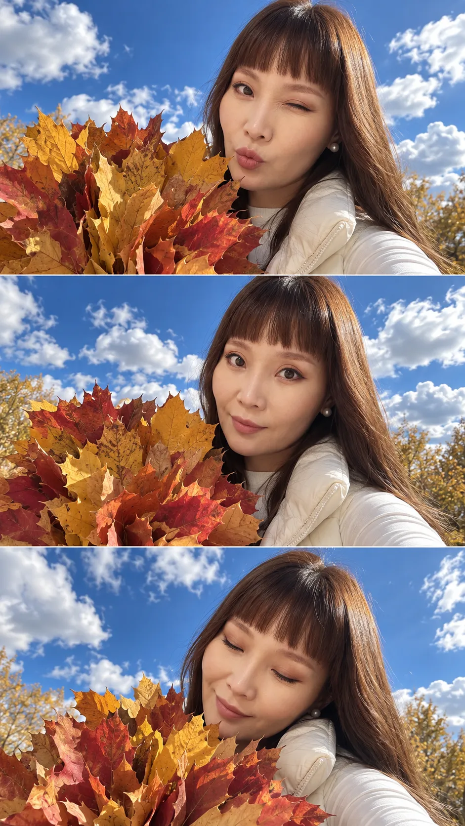 Three-Photo Sky Selfie Collage with Autumn Leaves output 2