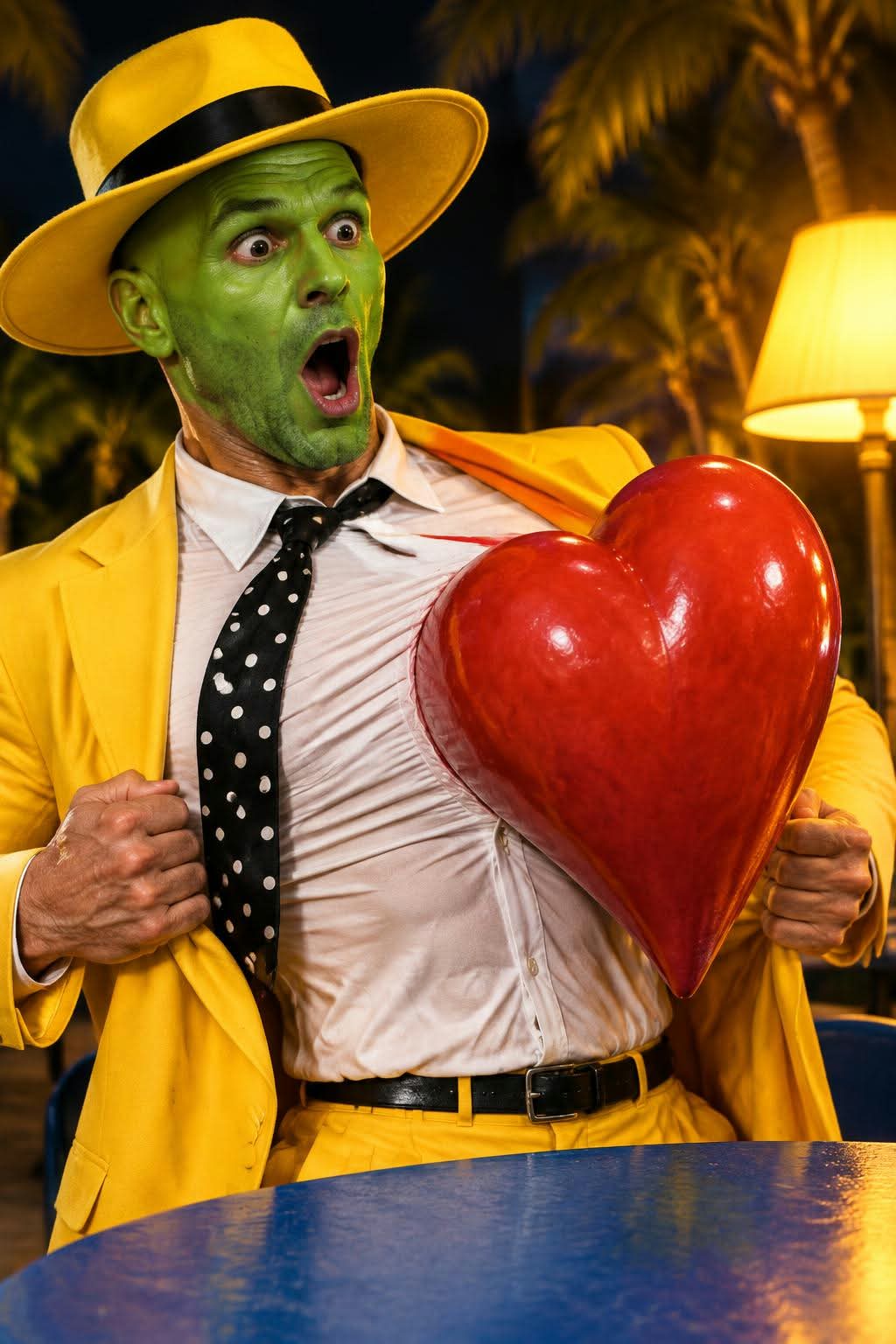 Surreal Green-Faced Man with a Projecting Heart