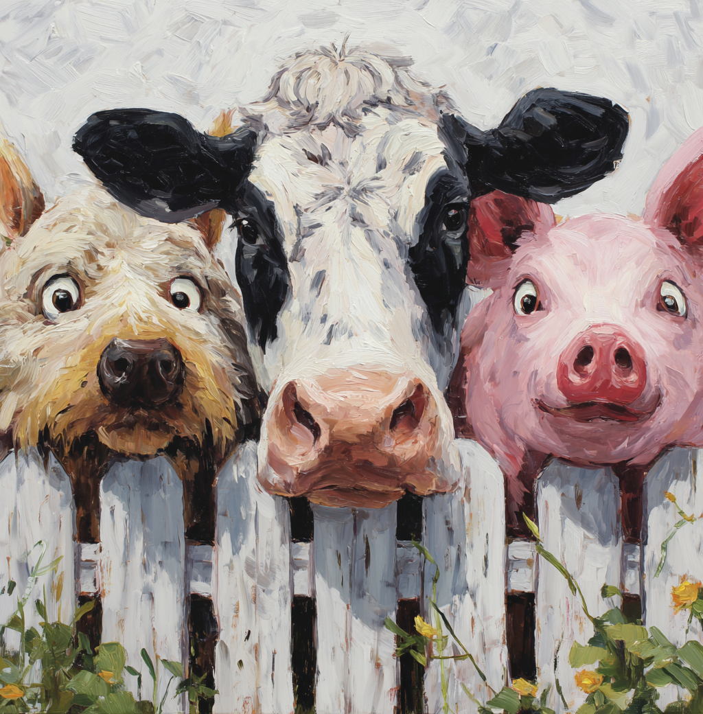 Cartoon Oil Painting of Farm Animals Peeking Over a Fence