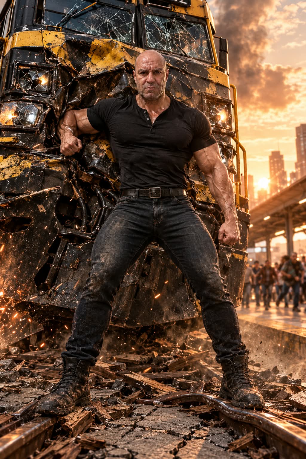 Photorealistic Man Stopping a Freight Locomotive