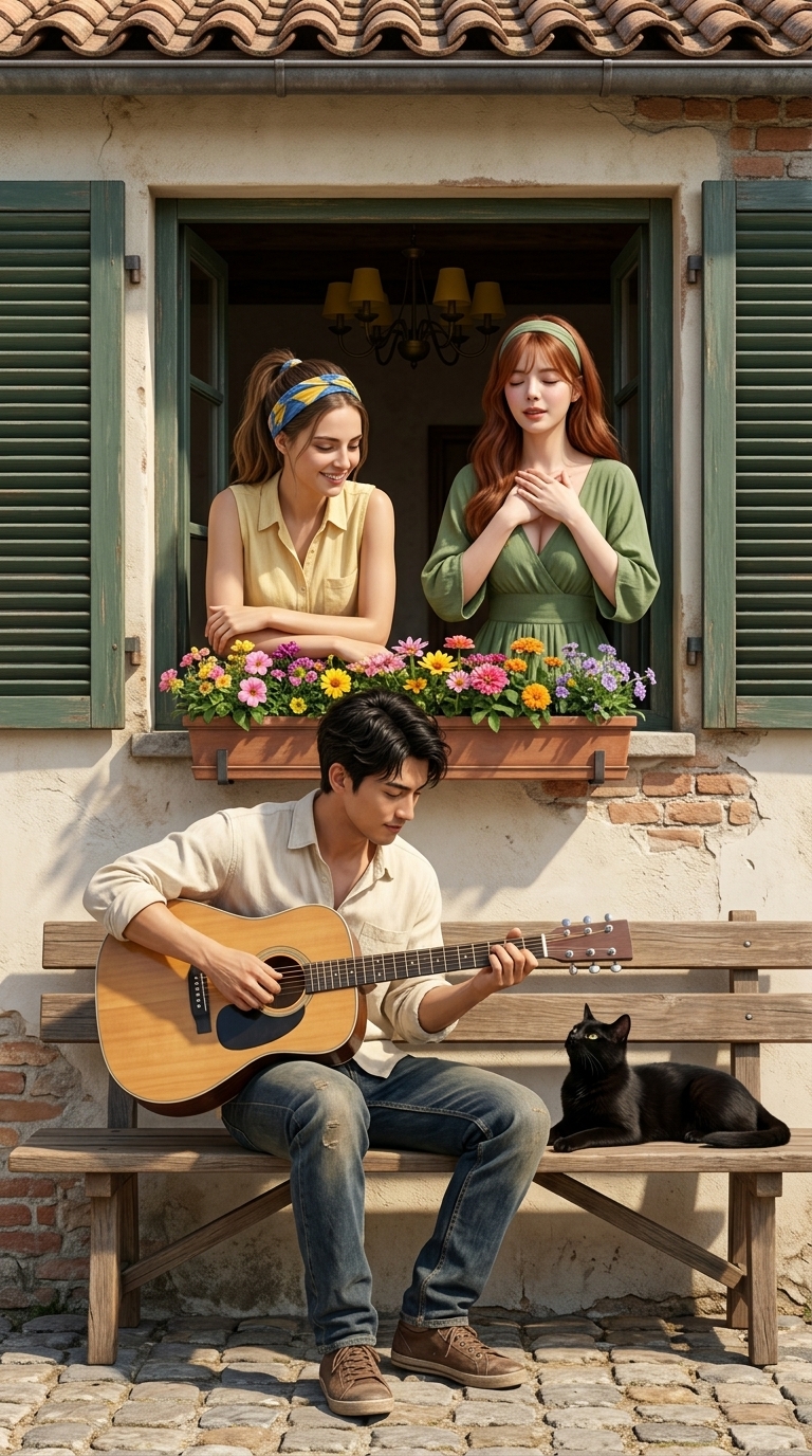 A Young Man Serenading a Mediterranean Courtyard