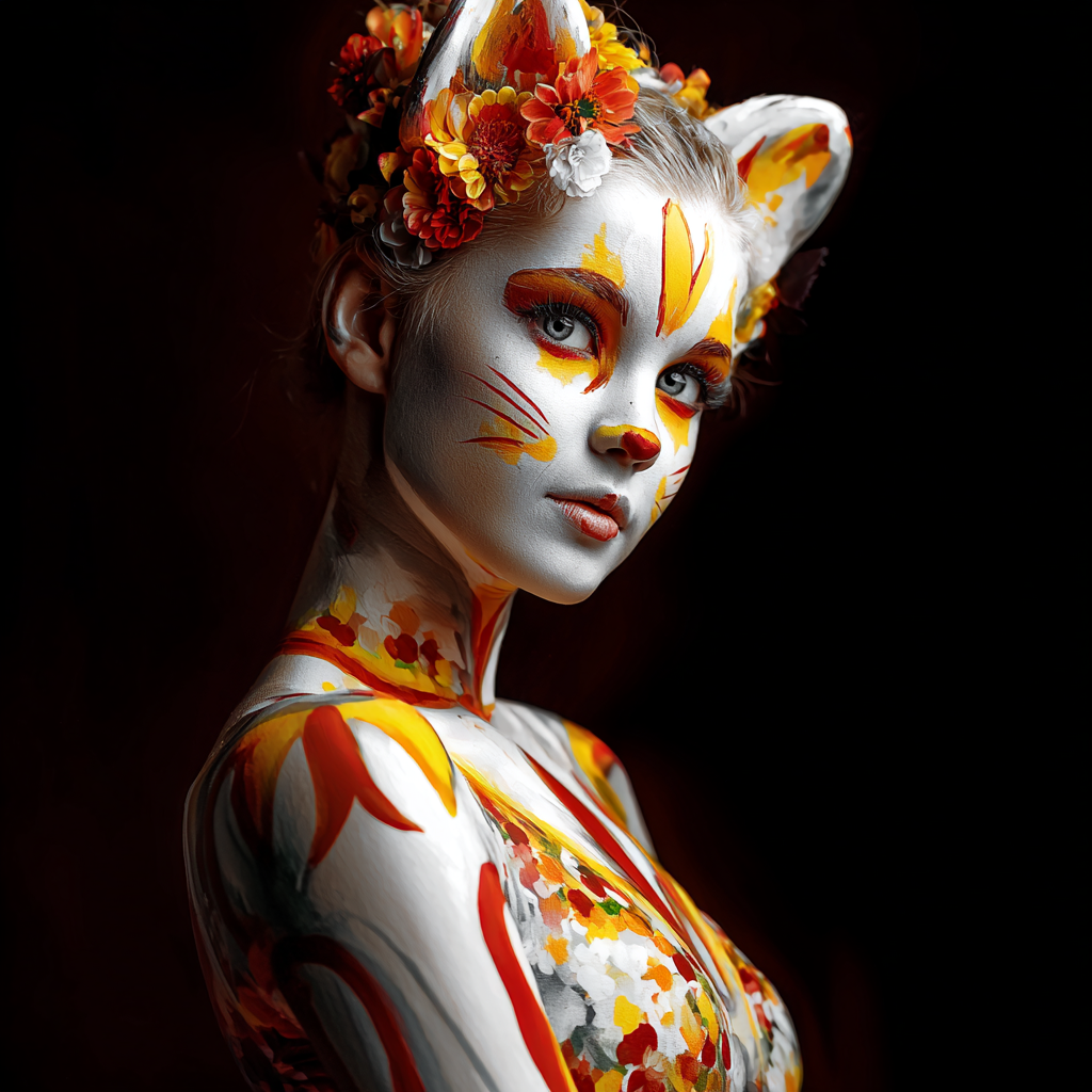 Smiling Teen Girl in White Cat Body Art