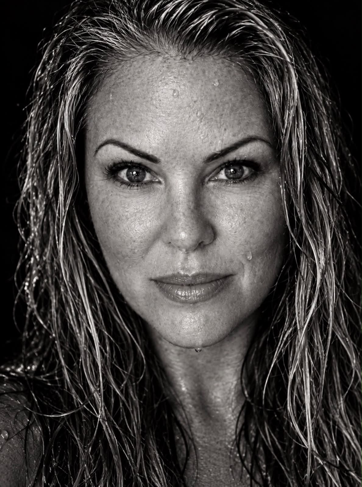 High-Contrast Black-and-White Wet-Hair Portrait