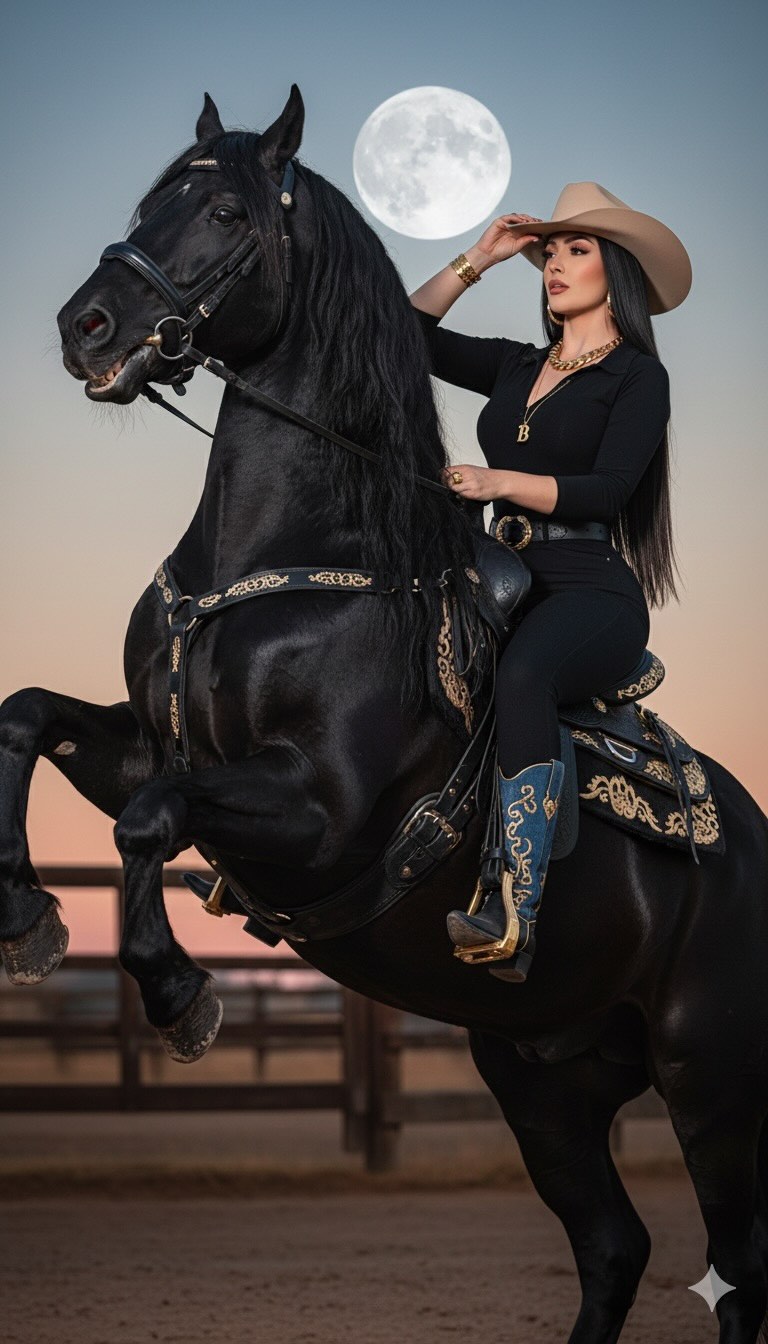 Cowgirl on a Black Friesian at Sunset