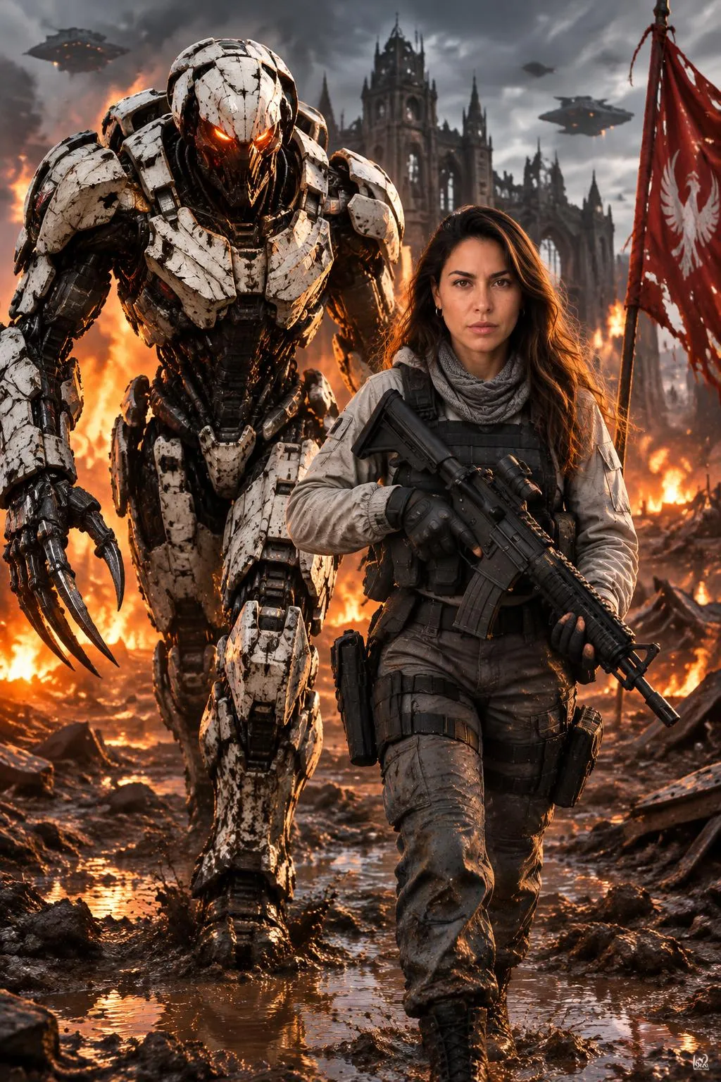 Tactical Warrior and Giant Robot on a Sci-Fi Battlefield output 2