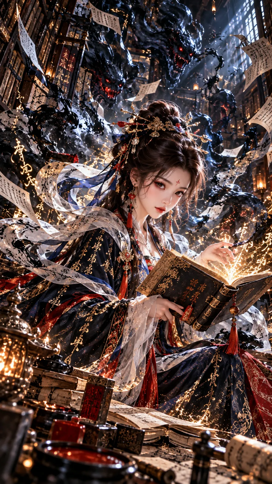 Dark Fantasy Sorceress with a Golden Spellbook