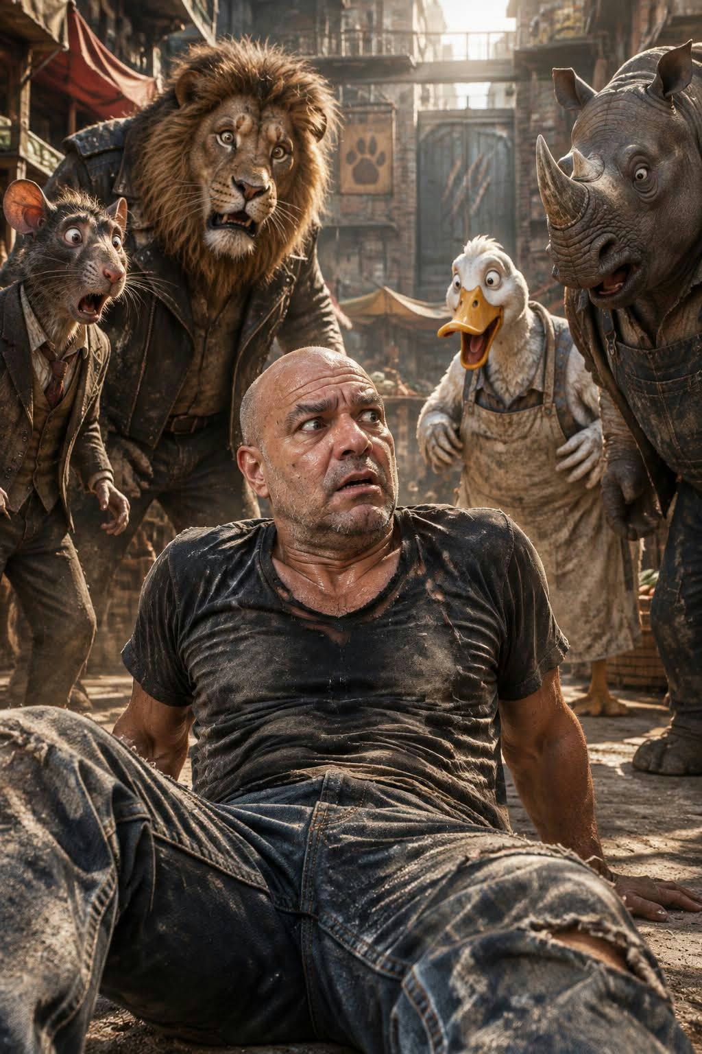 A Man Surrounded by Astonished Anthropomorphic Animals