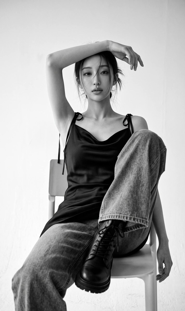 Black-and-White Fashion Editorial with Identity-Preserving Face Replacement output 1