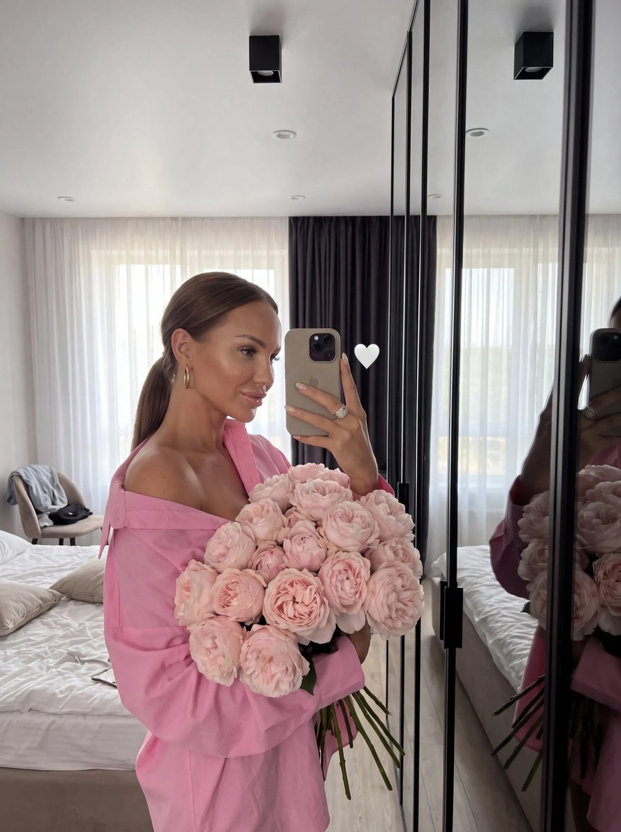 Romantic Bedroom Mirror Selfie with Pink Roses