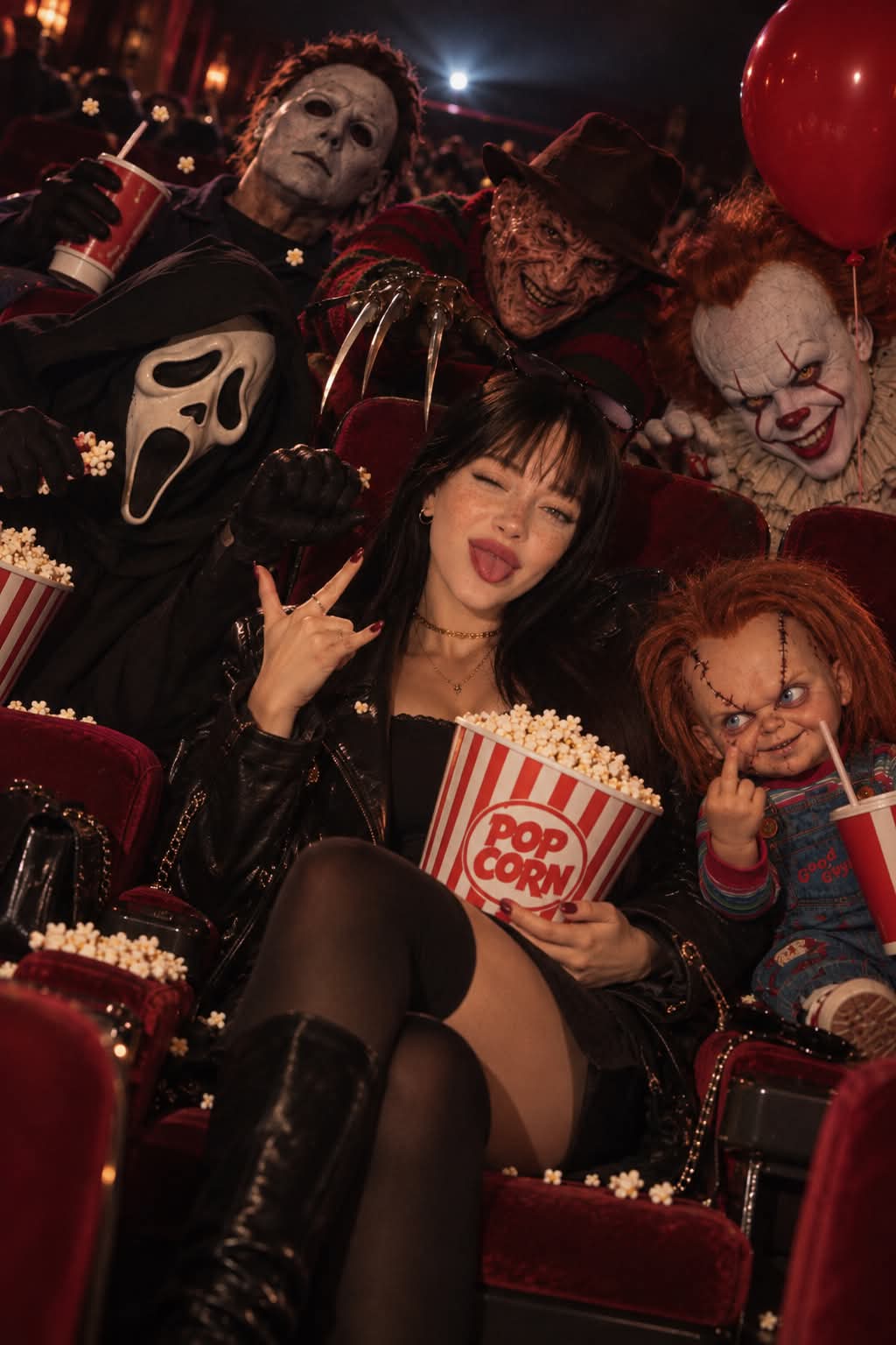 Cinematic Halloween Movie-Theater Scene with Horror Villains output 2