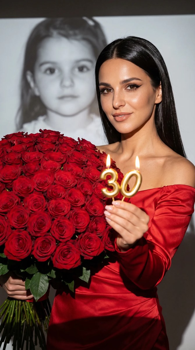 30th Birthday Portrait with Roses and Childhood Photo Projection