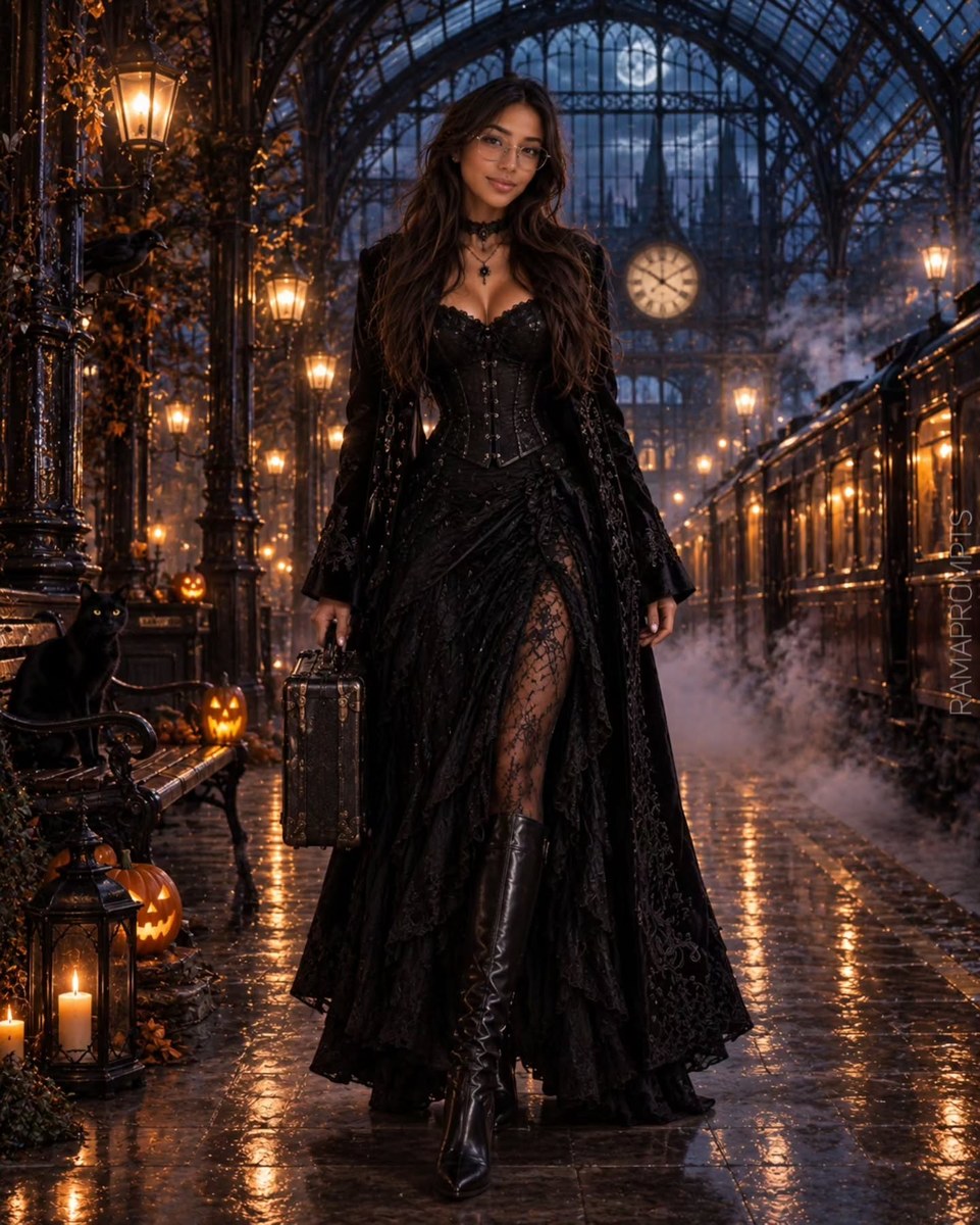 Gothic Halloween Fashion Editorial at a Victorian Train Station