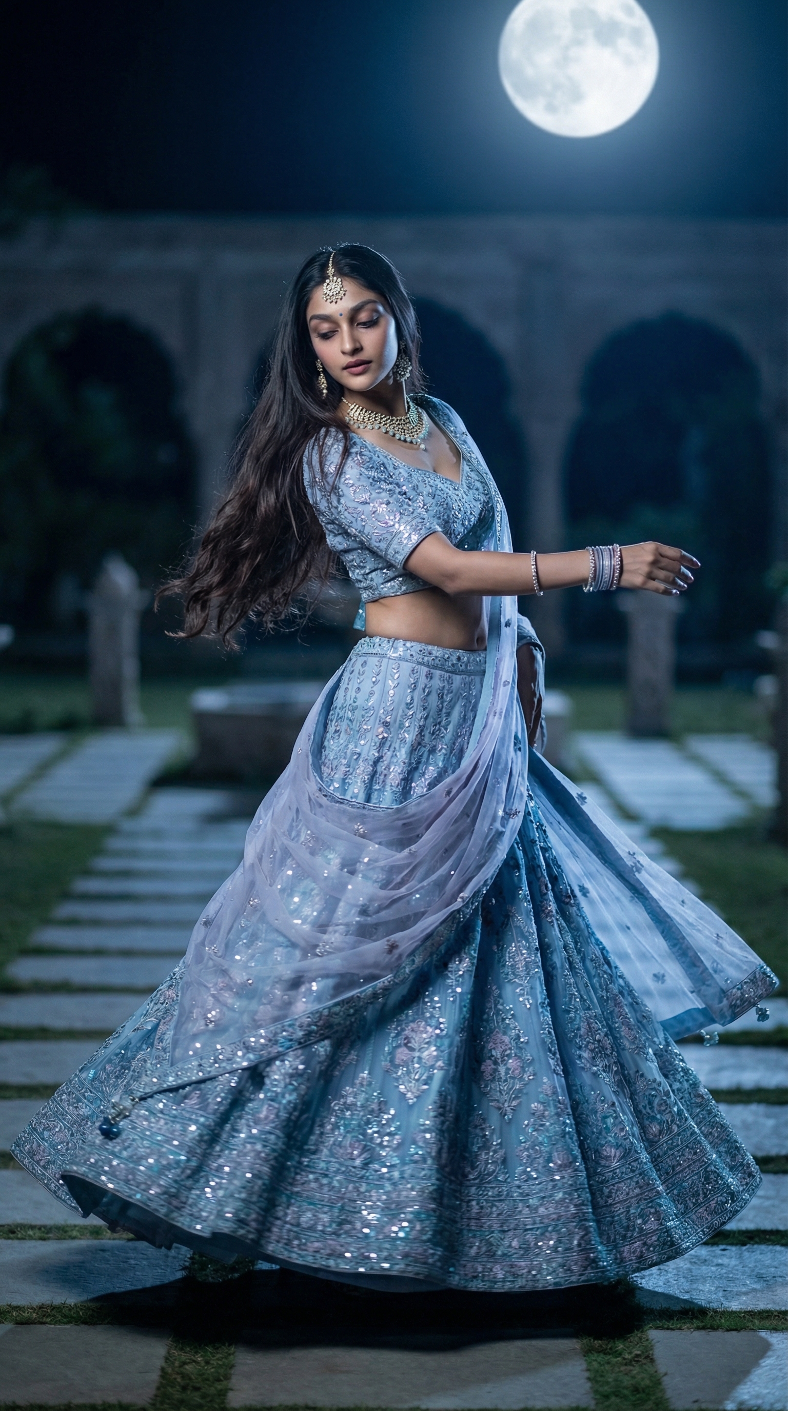 Create a Cinematic Bollywood Dance Portrait in a Moonlit Palace Garden