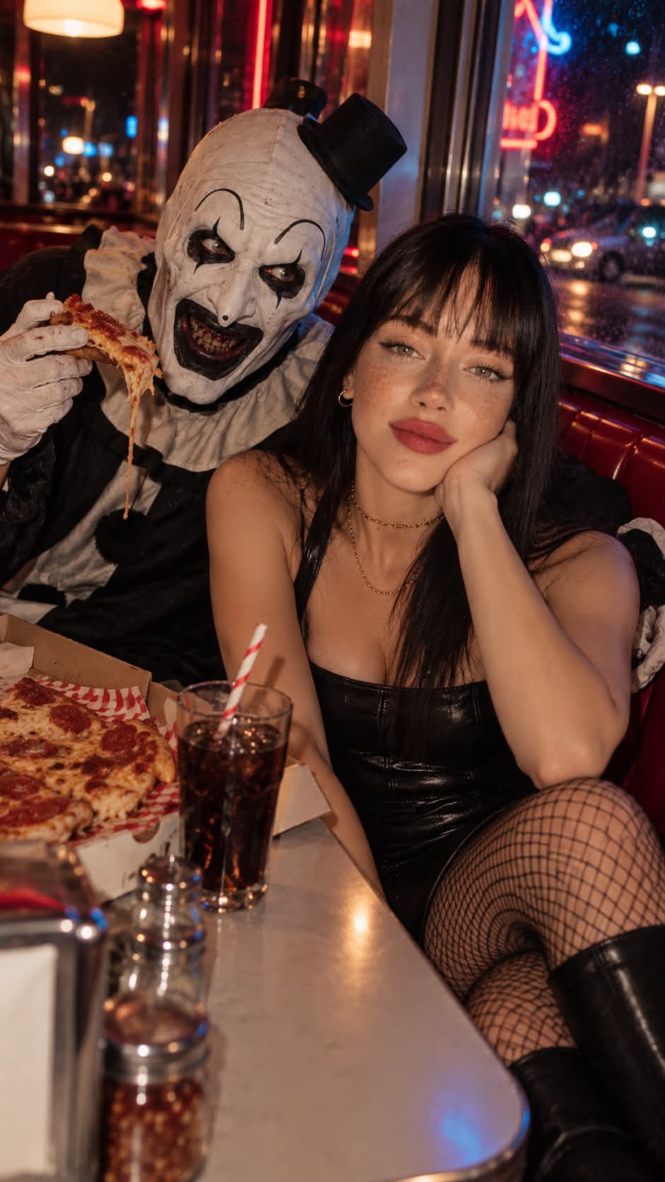 Cinematic Diner Scene with Art the Clown output 1