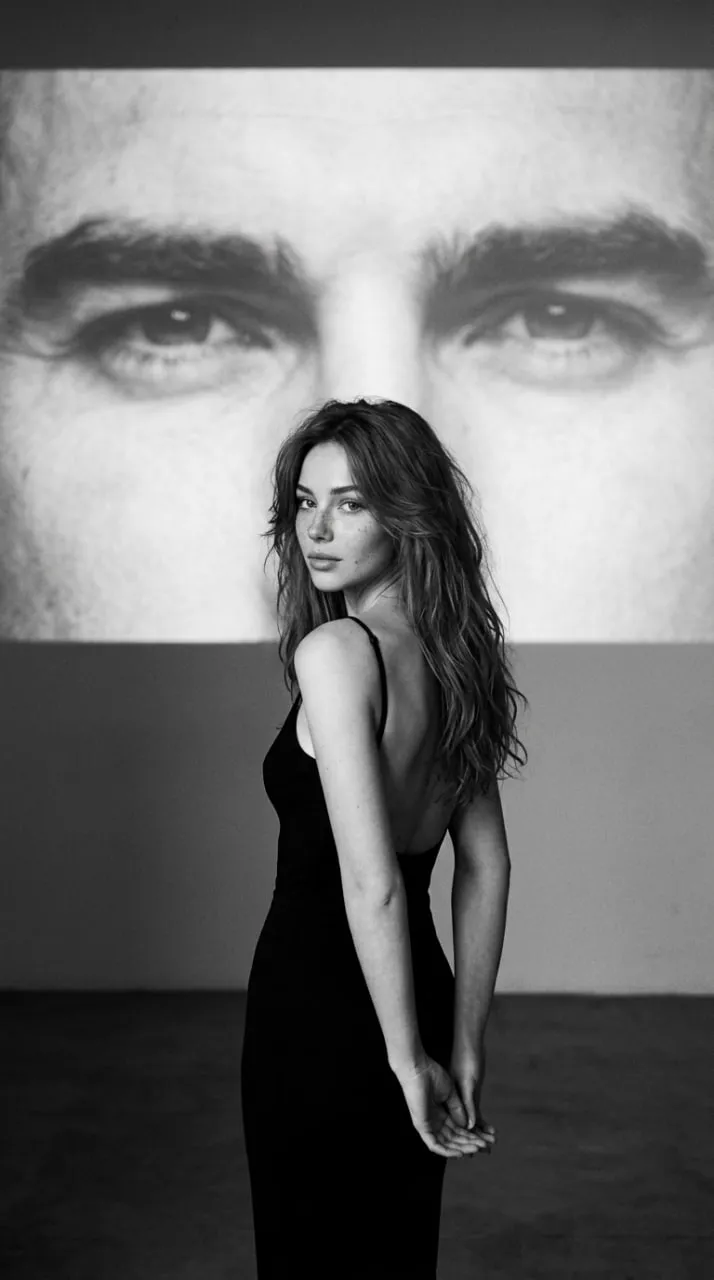 Black-and-White Fashion Portrait with Projected Eyes