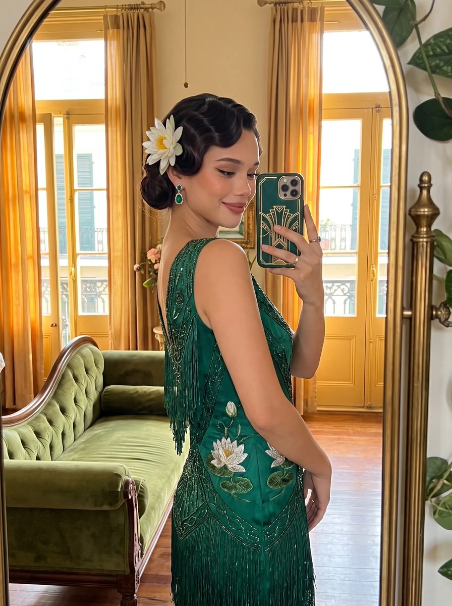 Tiana-Inspired Emerald Art Deco Mirror Selfie