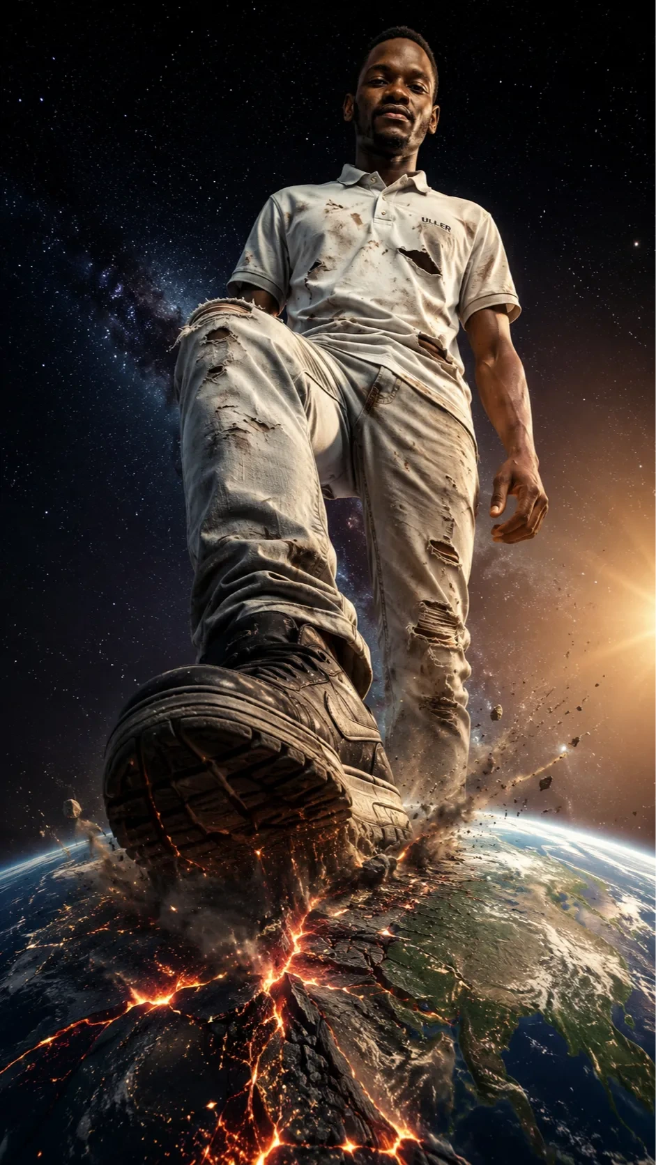 Giant Man Crushing Earth