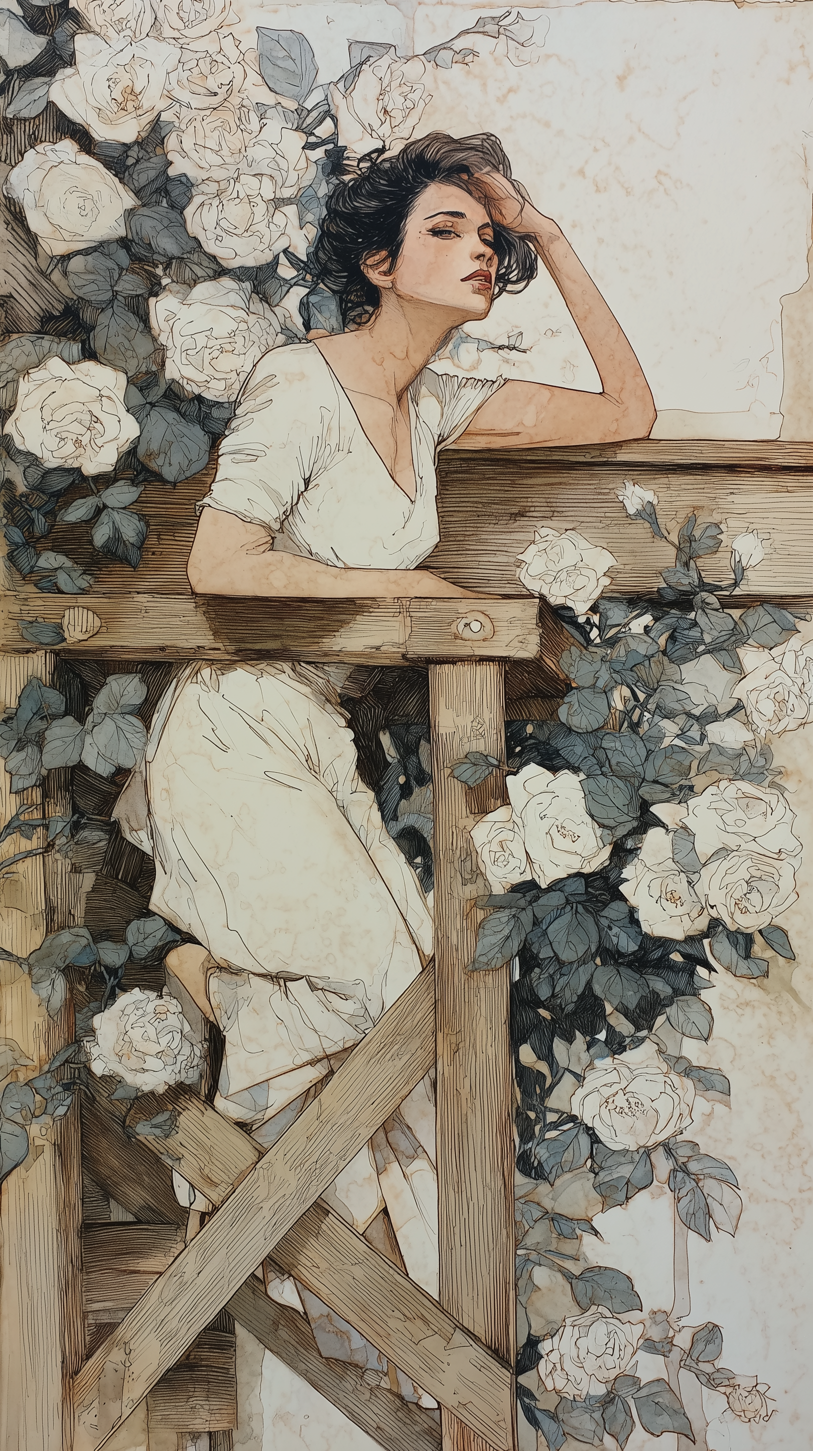 Art Deco Portrait of a Woman Beneath White Roses