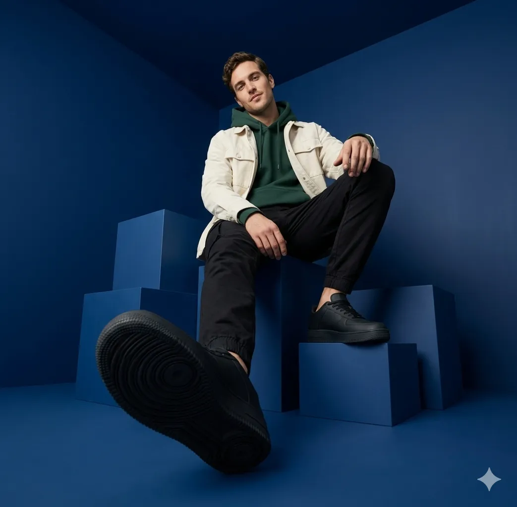 Low-Angle Blue Studio Streetwear Portrait