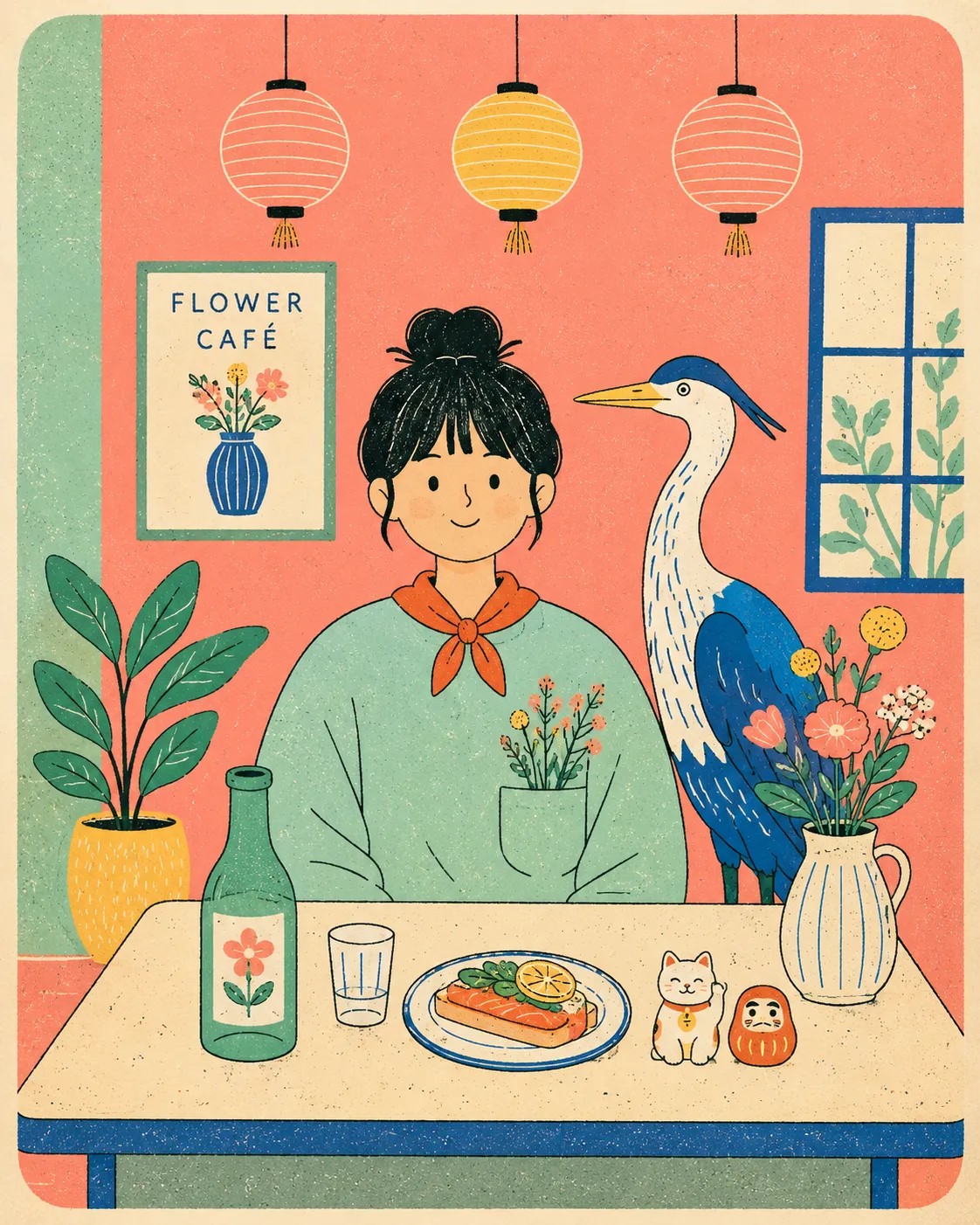 Risograph Café Poster with a Person and Animal output 8