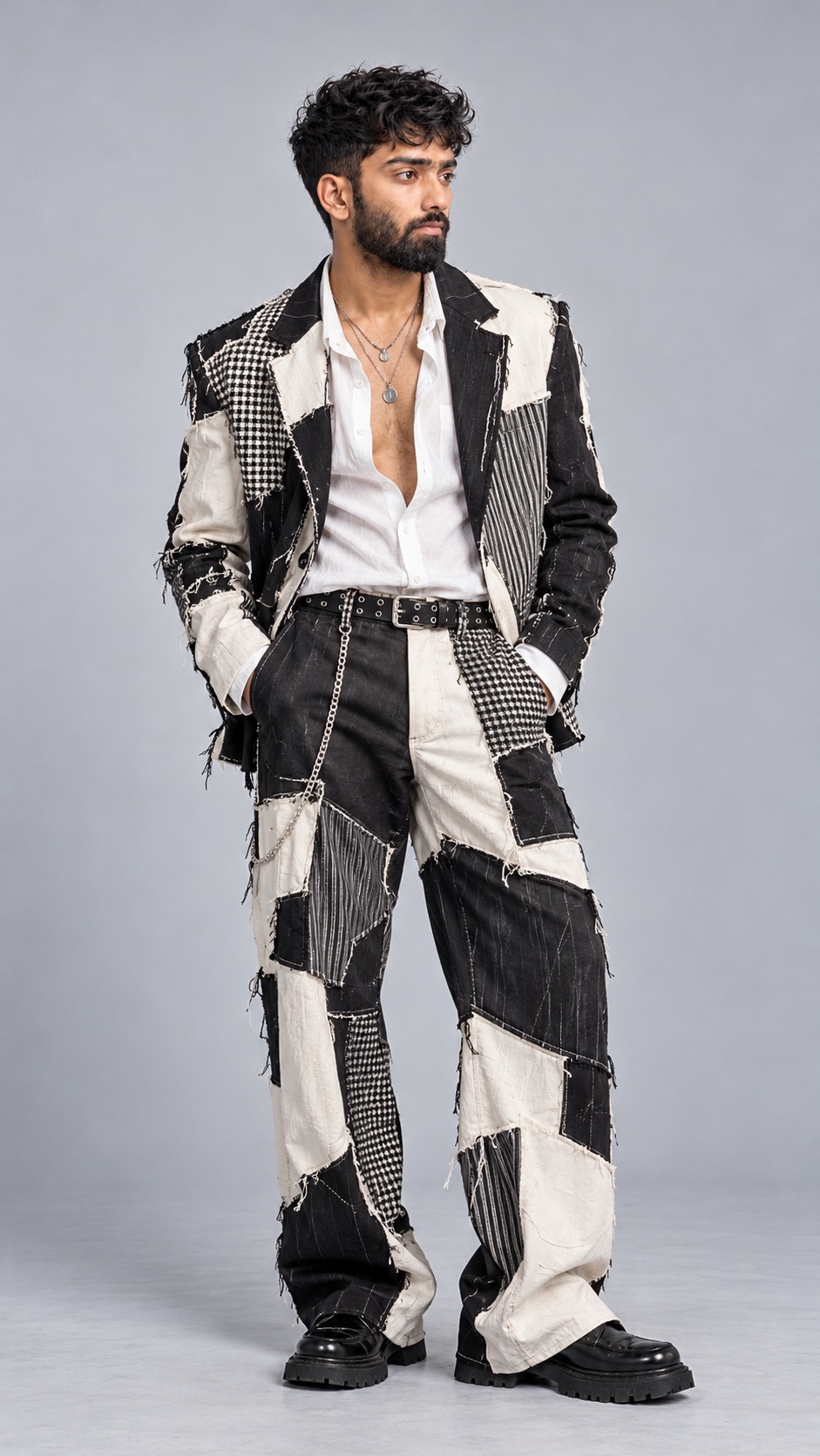 Black, Cream, and Raw-Edge Patchwork Suit Portrait