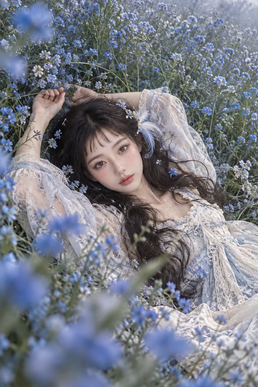 Candid Portrait in a Misty Blue Wildflower Field