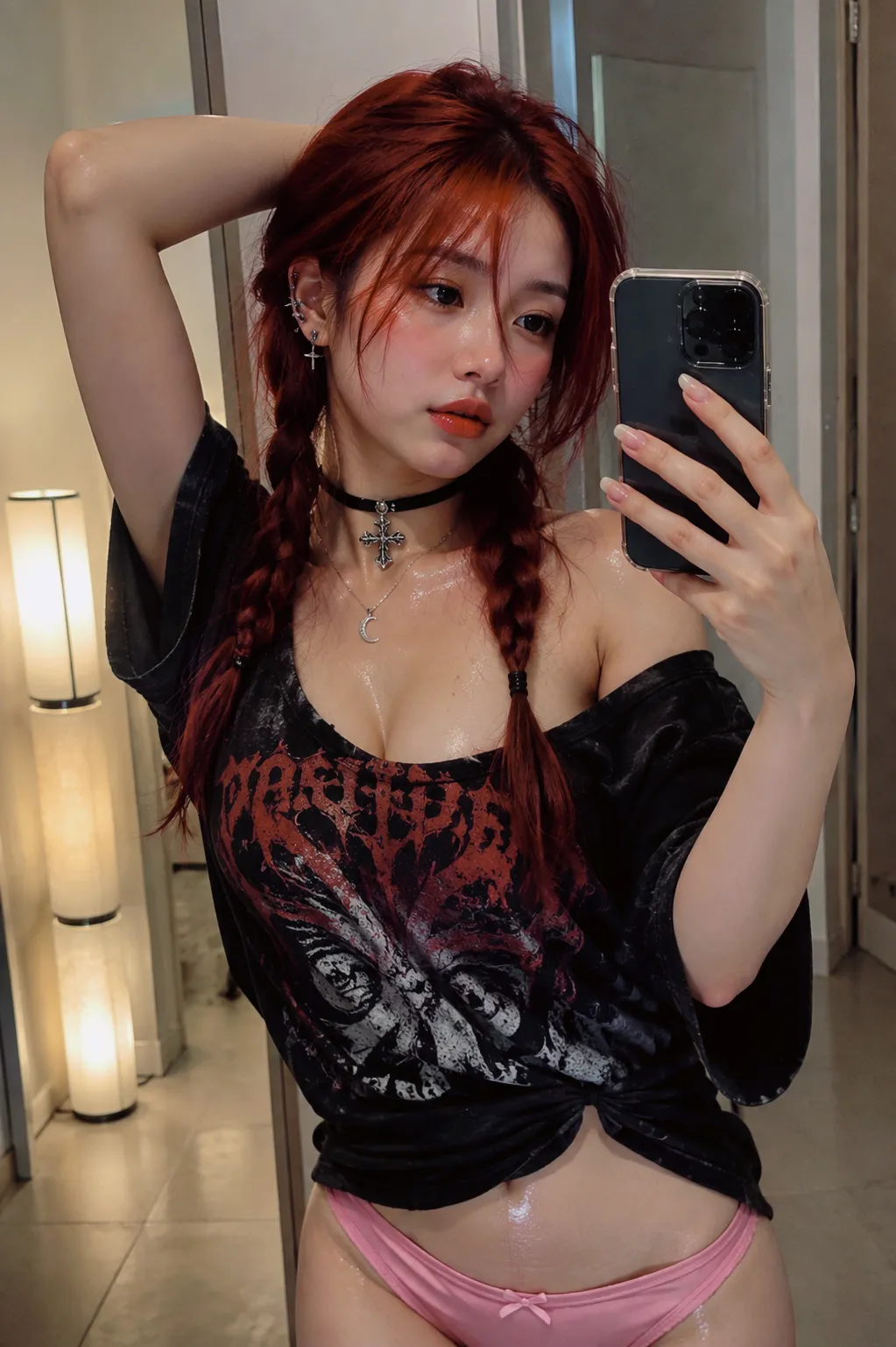 Crimson Reverie — Editorial Mirror Selfie