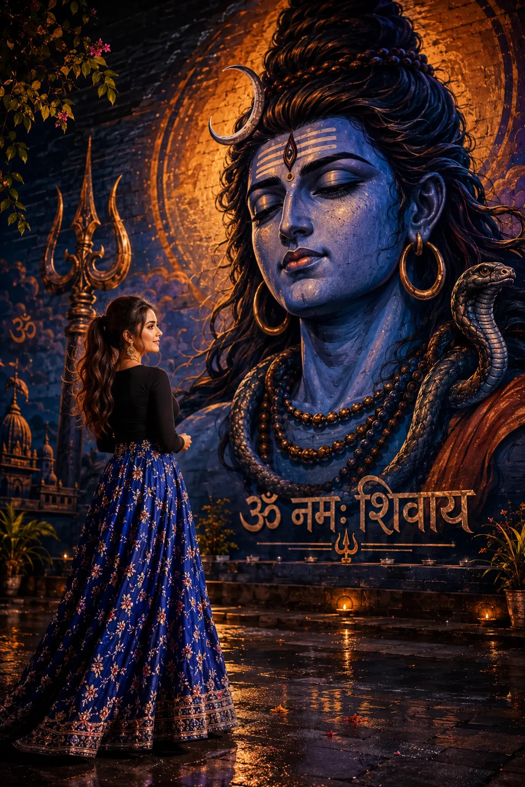 Devotion Before a Shiva Mural After Rain