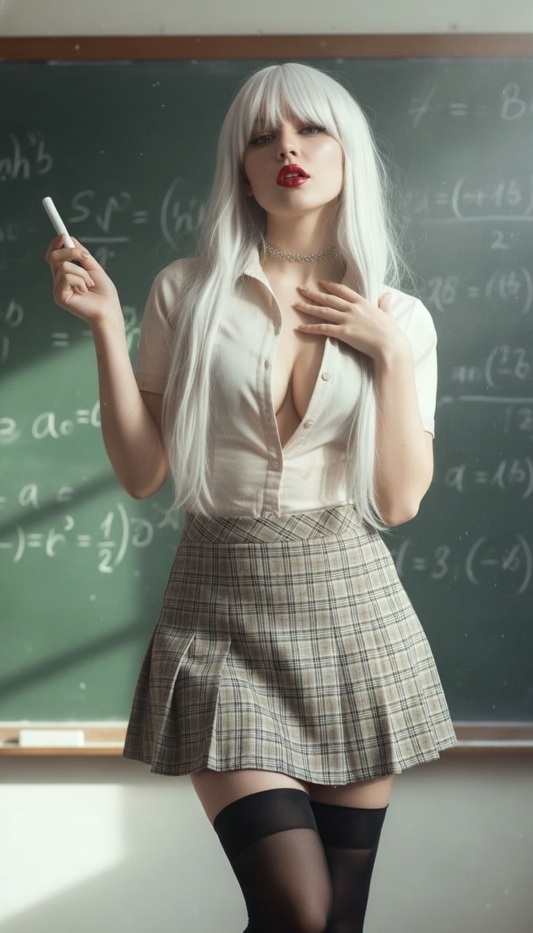 Cinematic Portrait of a Glamorous Math Teacher by a Blackboard