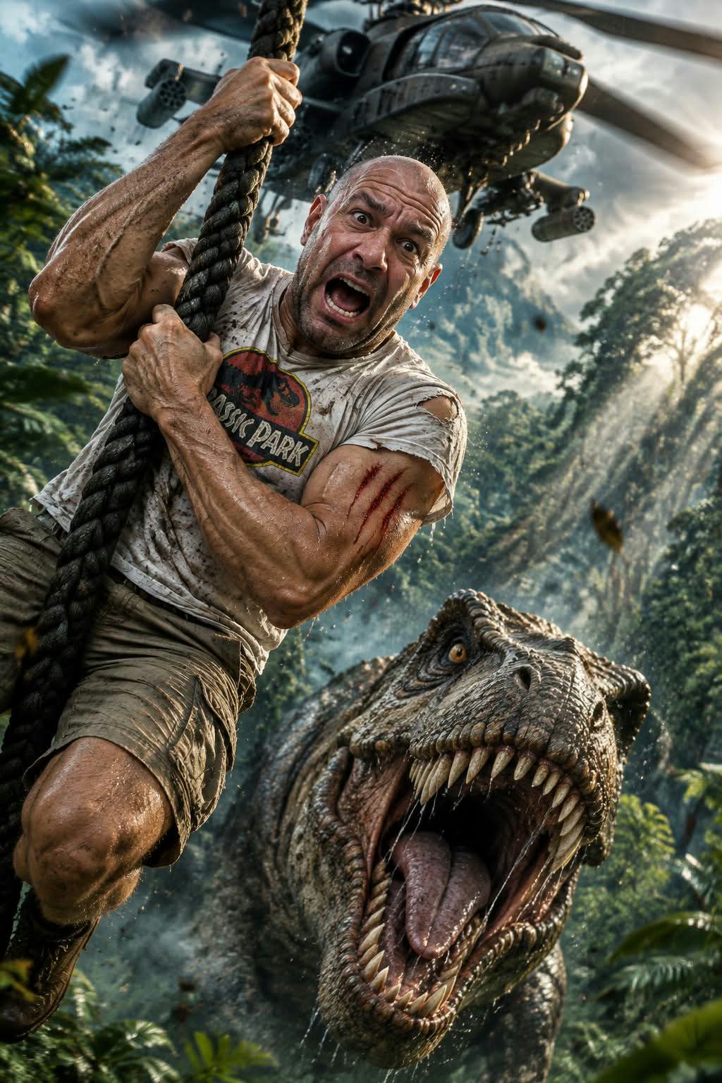 Man Hanging from a Rescue Helicopter Above a Raging T. Rex output 1