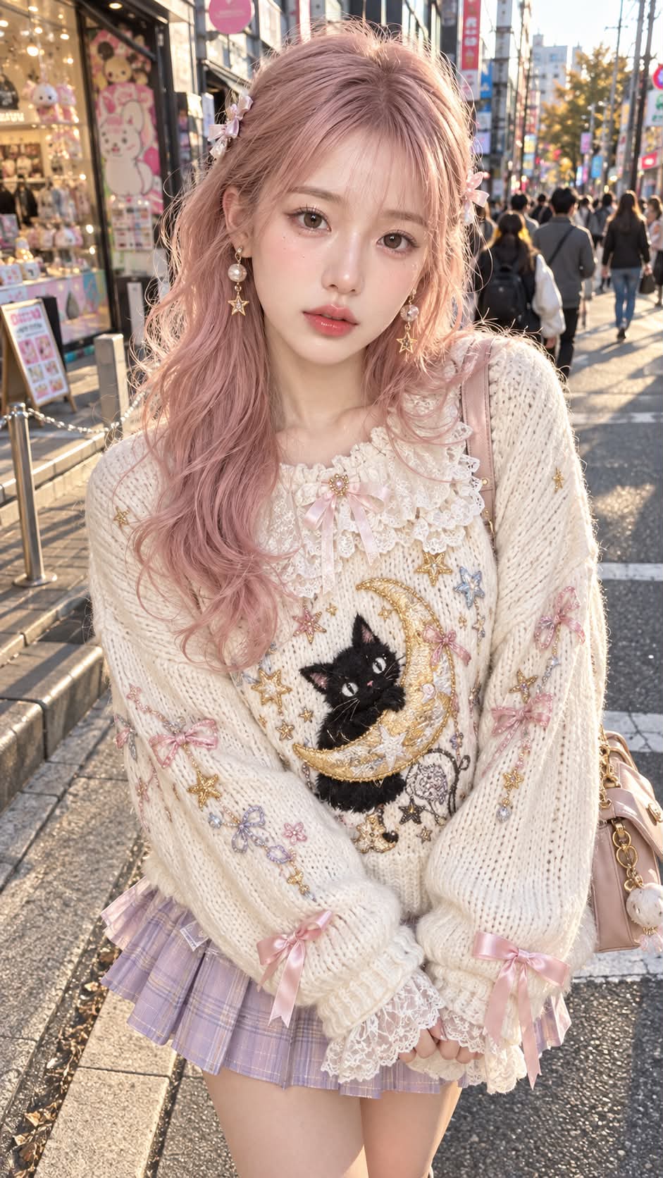 Harajuku Street Portrait with Embroidered Cat Sweater