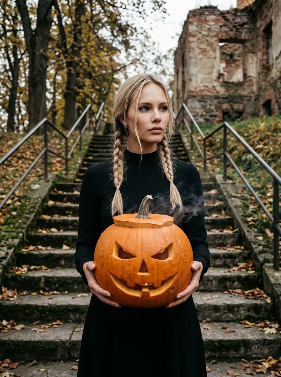 Gothic Autumn Halloween Portrait with a Smoking Jack-o’-Lantern
