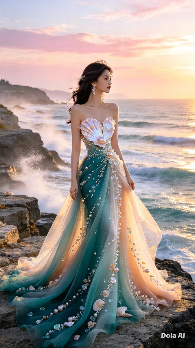 Pearlescent Gown on Ocean Cliffs at Dawn