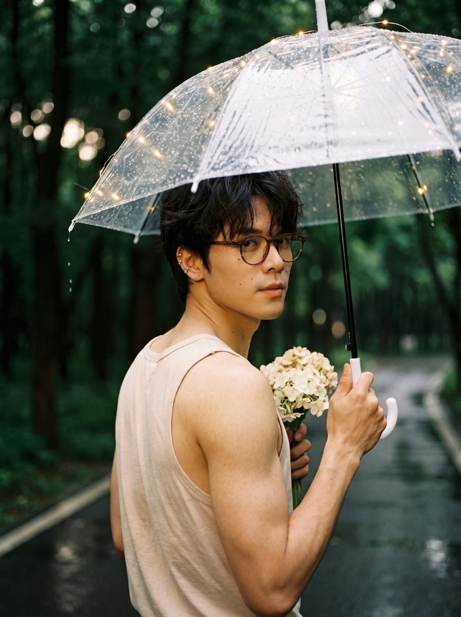 Rain-Soaked Golden-Hour Portrait with Flowers output 5