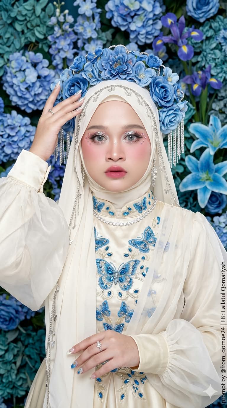 Douyin-Style Hijab Portrait Among Blue Flowers