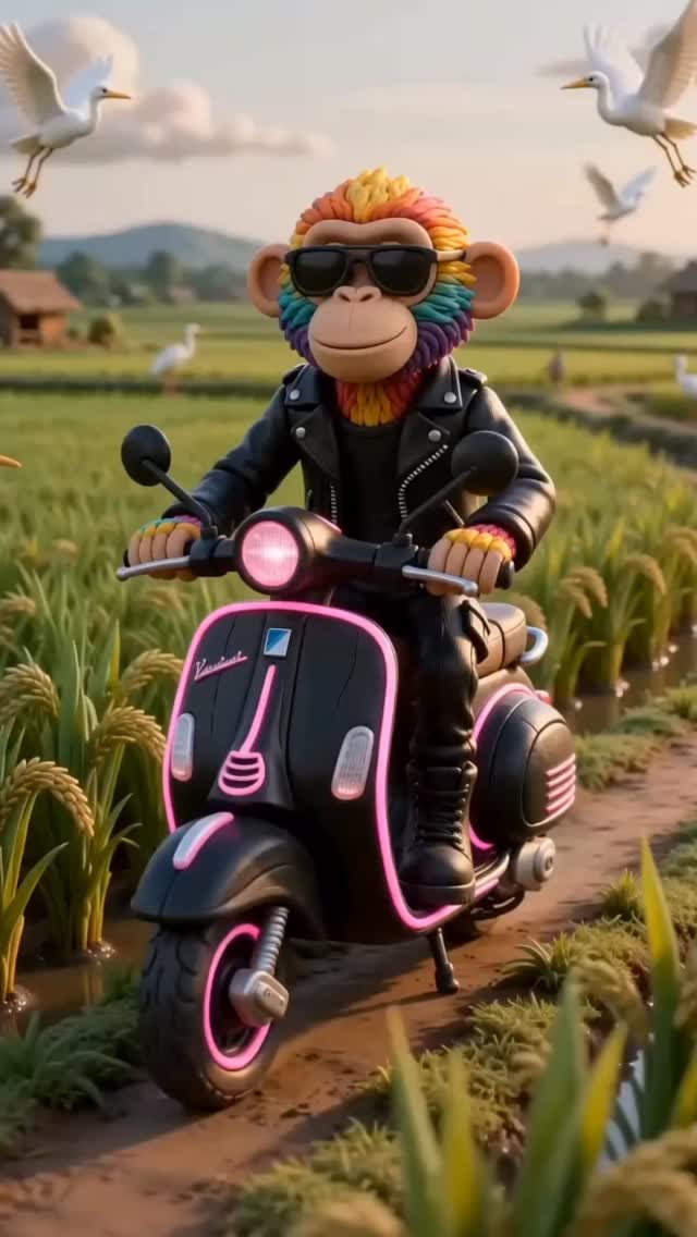 Claymation Monkey Scooter Transformation in Malaysian Paddy Fields