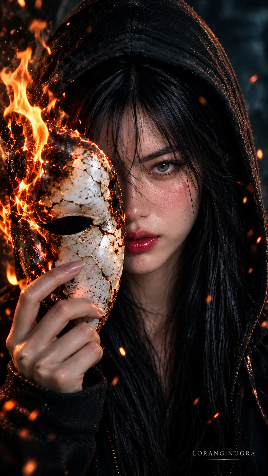 Cinematic Portrait with a Burning Ceramic Mask