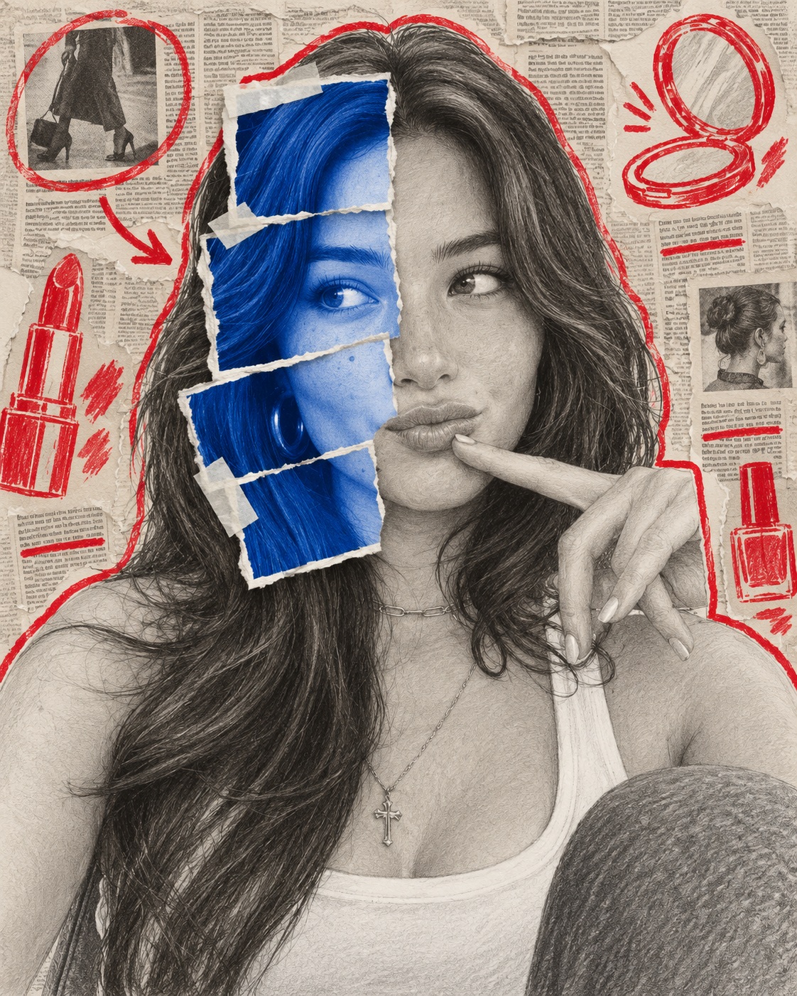 Graphite Portrait with Cobalt Photo Collage and Red Newspaper Markings output 1