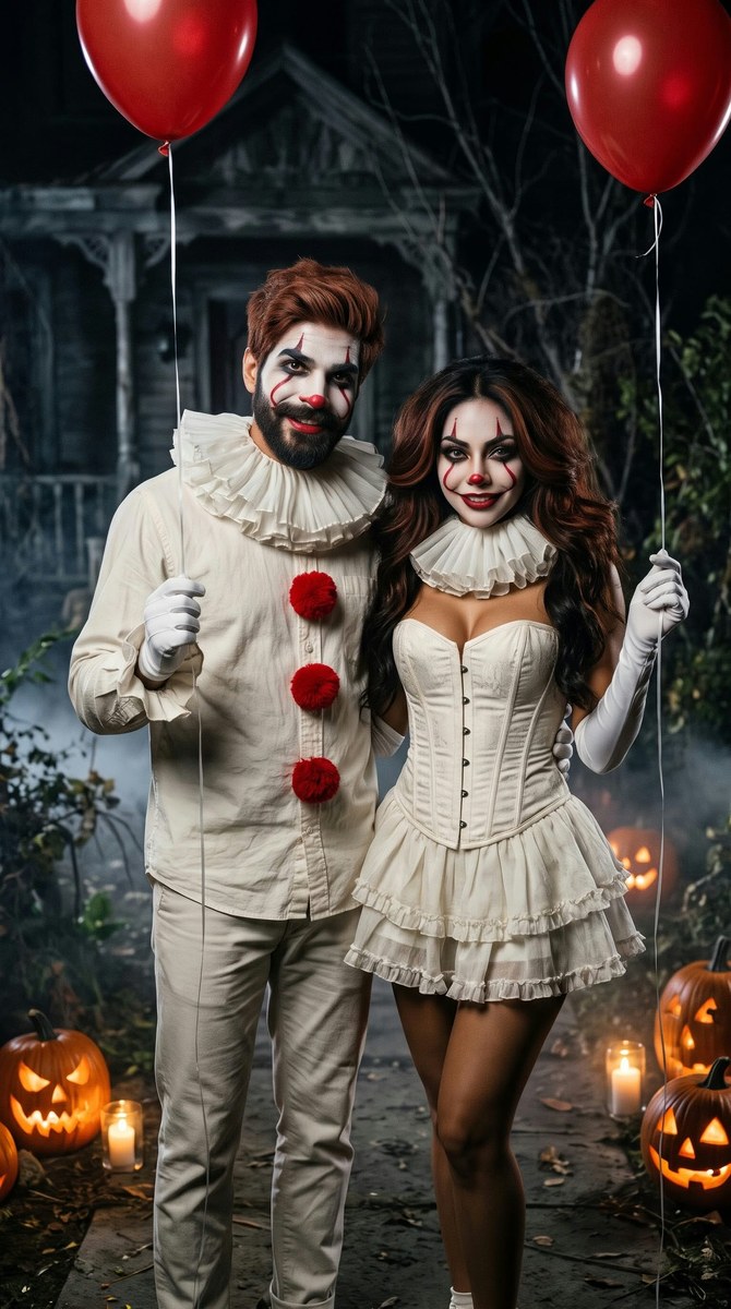 Photorealistic Halloween Couple as Pennywise-Inspired Clowns