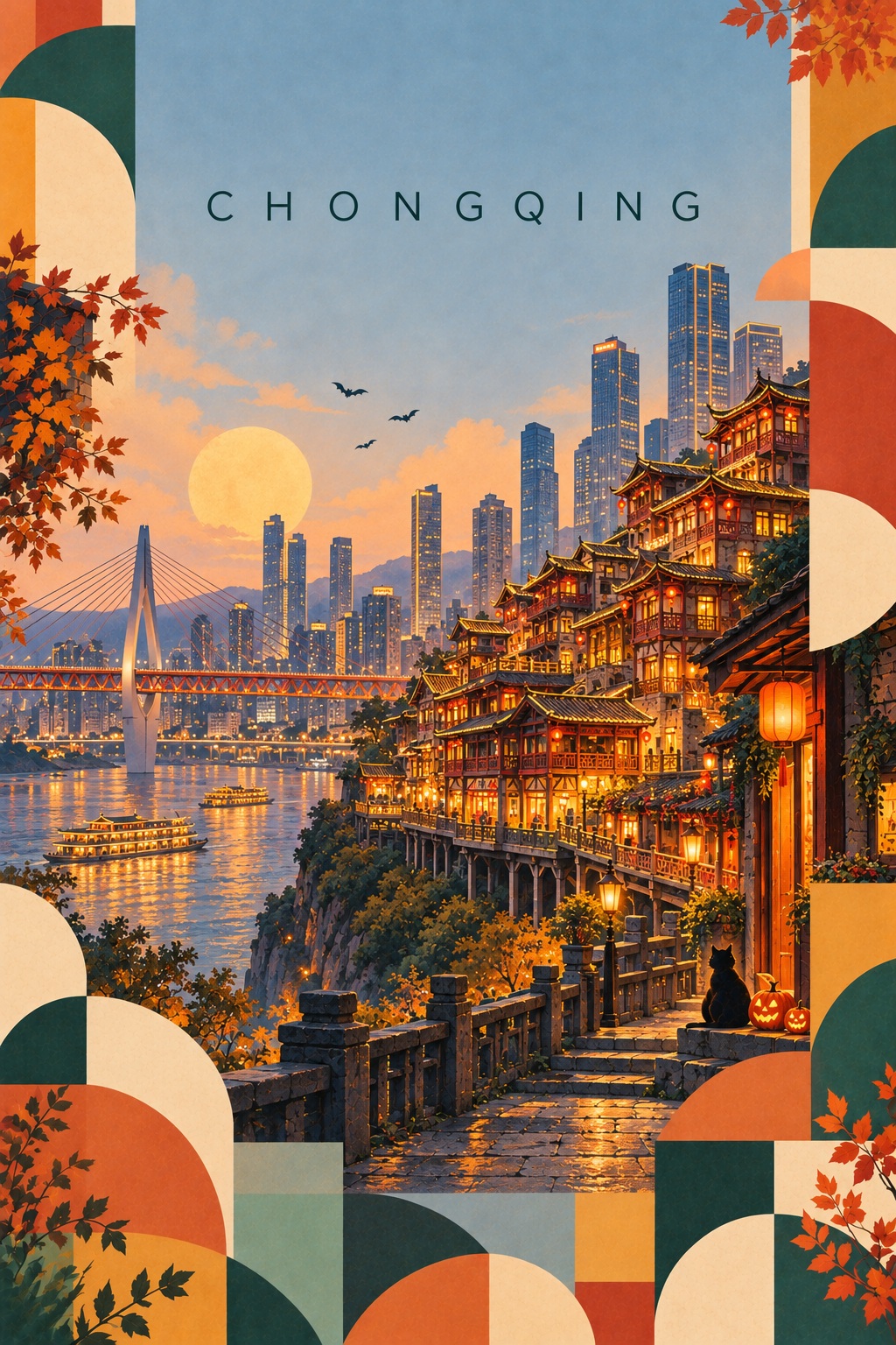 Retro-Geometric Halloween Travel Poster