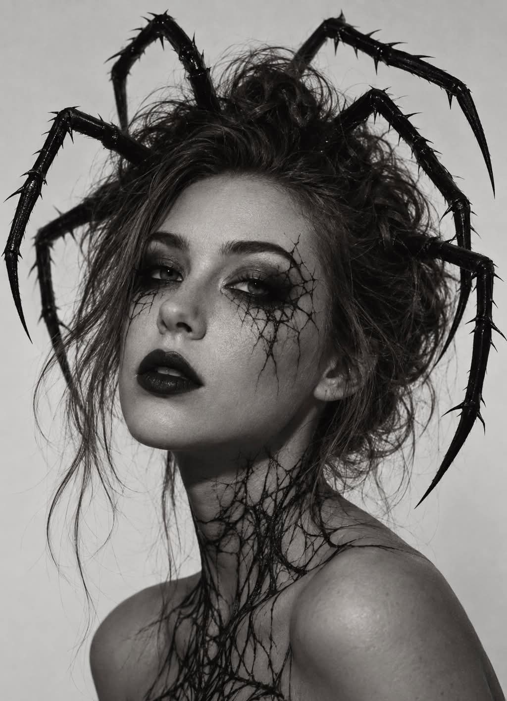 Black-and-White Spider-Horror Portrait