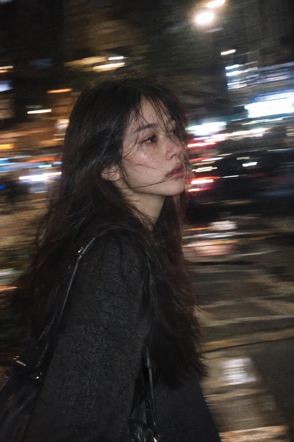 Candid Night Street Portrait with Film Grain